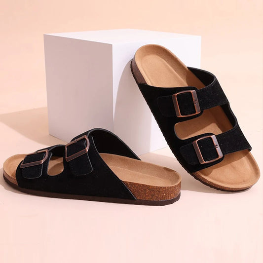 Pallene New Summer Women's Slippers With Arch Support Slip-On Outdoor Slides Cork Footbed Sandals With Adjustable Double Buckle