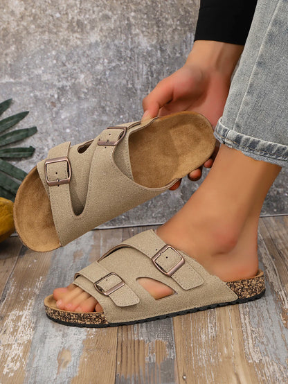 Men's Casual Simple Buckle Adjustable Set with Suede Upper Wood Grain Soft-Soled Slippers