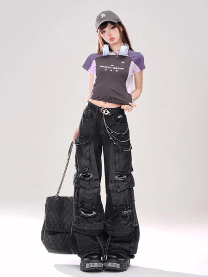 REDDACHiC Multi-pocket Destroyed Baggy Jeans Women Vintage Wash Black High Waist Wide Leg Cargo Pants Trousers Grunge Streetwear
