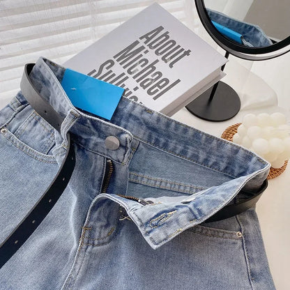 2022 New Spring Summer High-Waisted Slimming A- Line Denim Shorts Women's Loose-Fit Casual Heat Pants Rolled Edge Design