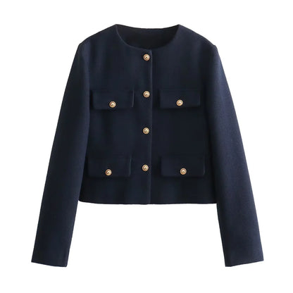 UNIZERA Winter New Product Women's Fashion and Casual Versatile Round Neck Flip Decoration Short Suit Coat