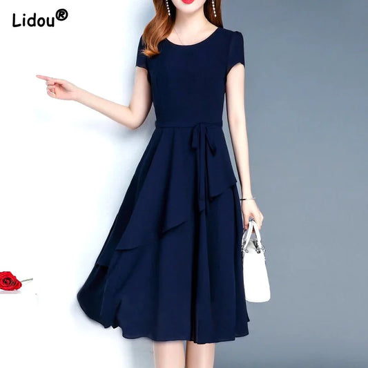High Street Chiffon Fashion Pullover Dresses O-Neck Empire Solid Women's Clothing 2022 New Popularity Spring Autumn Silky Trend