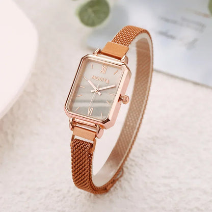 New Women Watches Fashion Square Ladies Quartz Watch Magnetic Strap Green Dial Simple Rose Gold Mesh Luxury Women Watches