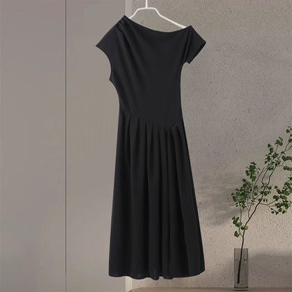Elegant Long Dress Women Loose Skew Collar Sleeveless A Line Robe Female 2025 Spring Summer Solid Fashion High Waist Dress Lady