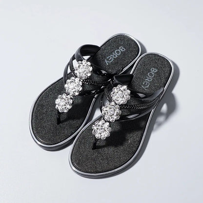 "Women's Flip-Flop Sandals with Rhinestones Beach Casual Slides for Outdoor Wear, Flat Soles and Toe-Post Slippers for Summer"