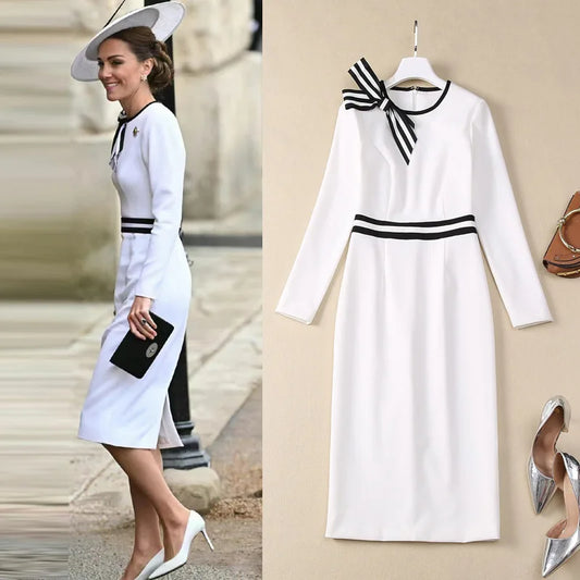 Kate Middleton Princess Dress Women Long Sleeve O-Neck Bow Dress