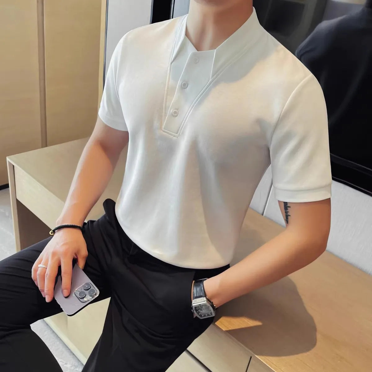 Summer Men's Polo Shirts Korean Style Fashion Turn Down Collar Solid Color Short Sleeve Slim Fit Polos Men Fake Two Pieces Tees