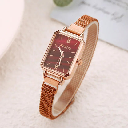 New Women Watches Fashion Square Ladies Quartz Watch Magnetic Strap Green Dial Simple Rose Gold Mesh Luxury Women Watches
