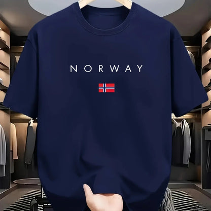 Men's summer 100% pure cotton fashionable sports casual loose NORWAY pattern printed round neck short sleeved T-shirt top