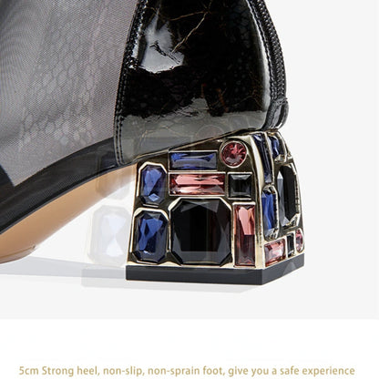 2025 New Mesh Sandals Summer Women's Ankle Boot Mid Heel Rhinestone Ponited Toe Shoes Women's heels Luxury Sexy Women sandalias
