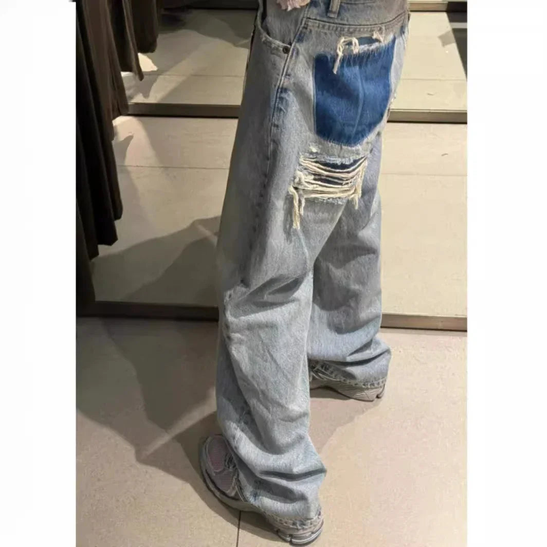 Ripped Jeans for Women Hole Pants Streetwear Low Waist Washed Distressed Pockets Denims 2025 Mom Jeans Vintage Straight Trousers