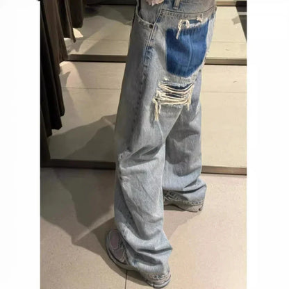 Ripped Jeans for Women Hole Pants Streetwear Low Waist Washed Distressed Pockets Denims 2025 Mom Jeans Vintage Straight Trousers