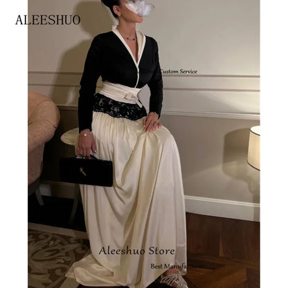 Aleeshuo Modern Satin Long Sleeve A-Line Prom Dresses Pleat Lace V-Neck Floor-Length Evening Dress Simple Black Gowns Customized