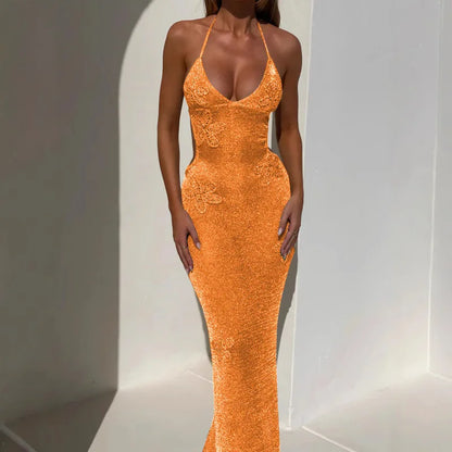 Women Slim Halter Backless Sleeveless See Through Party Dress Sexy Knit Embroidery Long Beach Dresses 2025 New Summer Lady Robes
