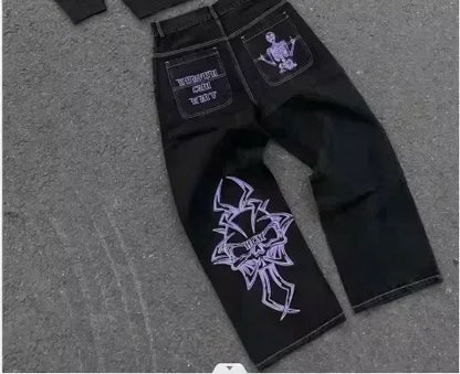 Y2k New Harajuku Retro Cherry Blossom Embroidered Blue Loose Jeans for Mens and Womens Gothic Fashion Low Waist Wide Leg Jeans