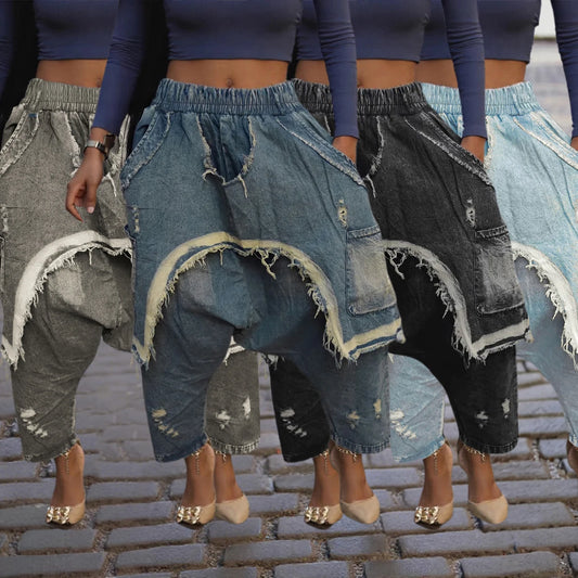 Jeans Women Harem Pants Hole Elastic Waist Tassels Washed Denim Pants Punk Y2k Streetwear 2025 Ripped Ankle Length Trousers