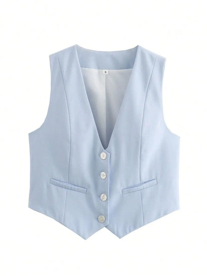 TRAFZA Fashion Women Vest Sleeveless Vests for Women Chic V-Neck Single-Breasted Ladies Elegant White Waistcoat Tops