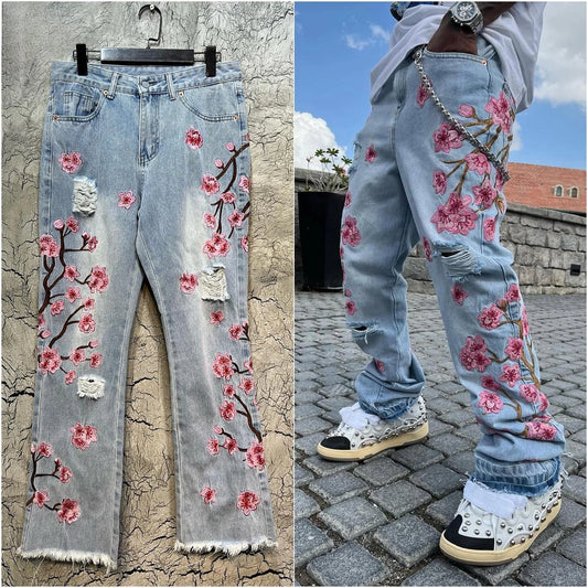 Y2k New Harajuku Retro Cherry Blossom Embroidered Blue Loose Jeans for Mens and Womens Gothic Fashion Low Waist Wide Leg Jeans