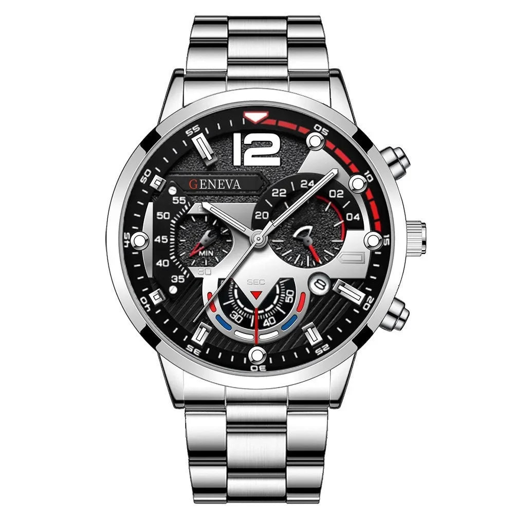 4pcs Luxury Men Business Quartz Watch Gold Alloy Roman with Calendar Wrist Watch Cross Necklace Bracelet Ring Set Men's Gift