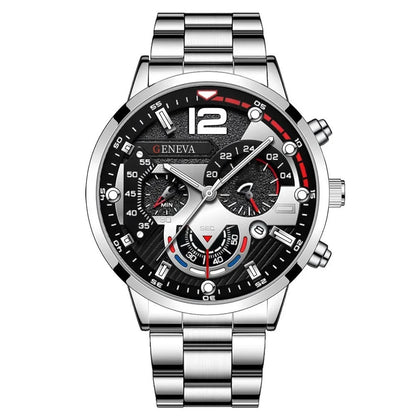 4pcs Luxury Men Business Quartz Watch Gold Alloy Roman with Calendar Wrist Watch Cross Necklace Bracelet Ring Set Men's Gift