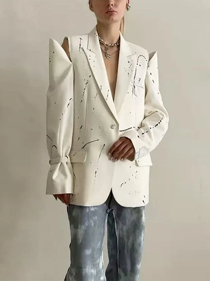 Print Cold Shoulder Long Sleeve Suit Jacket Women Fashion Turn-down Collar Single Breasted Pockets Blazers Locomotive Outerwear