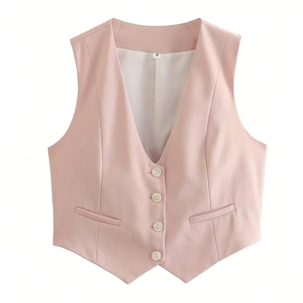 TRAFZA Fashion Women Vest Sleeveless Vests for Women Chic V-Neck Single-Breasted Ladies Elegant White Waistcoat Tops