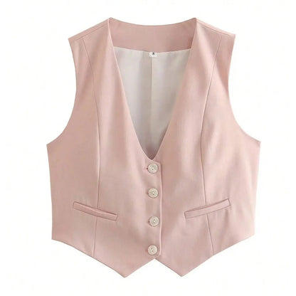 TRAFZA Fashion Women Vest Sleeveless Vests for Women Chic V-Neck Single-Breasted Ladies Elegant White Waistcoat Tops