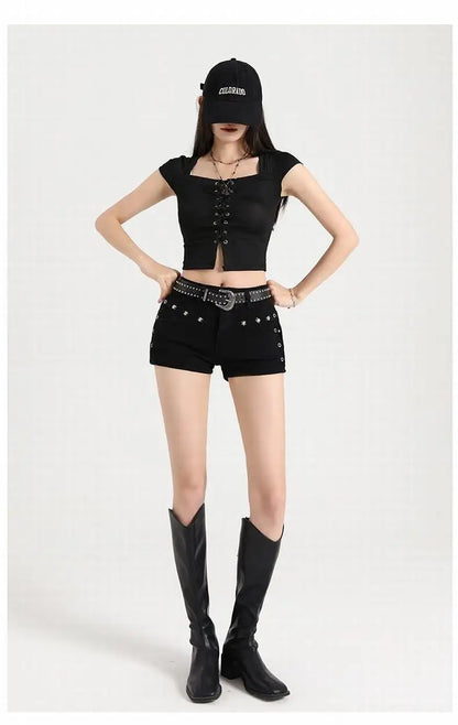 Summer Y2k Sexy Low Waist Mini Denim Shorts Women Vintage Korean Popular Girls Slight Strech Streetwear Gothic Rivet Black Jeans