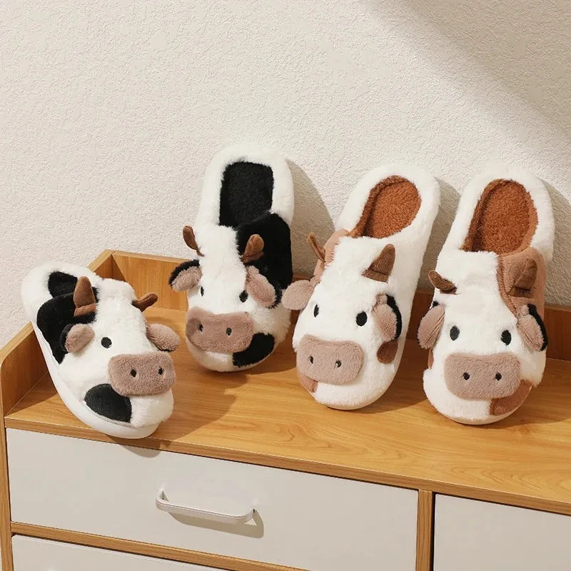 Winter Unisex Cartoon Cow Warm Plush Slippers Couple's Indoor Non-slip House Slides Men And Women Toe Wrap Home Cotton Shoes