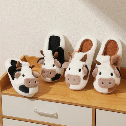 Winter Unisex Cartoon Cow Warm Plush Slippers Couple's Indoor Non-slip House Slides Men And Women Toe Wrap Home Cotton Shoes