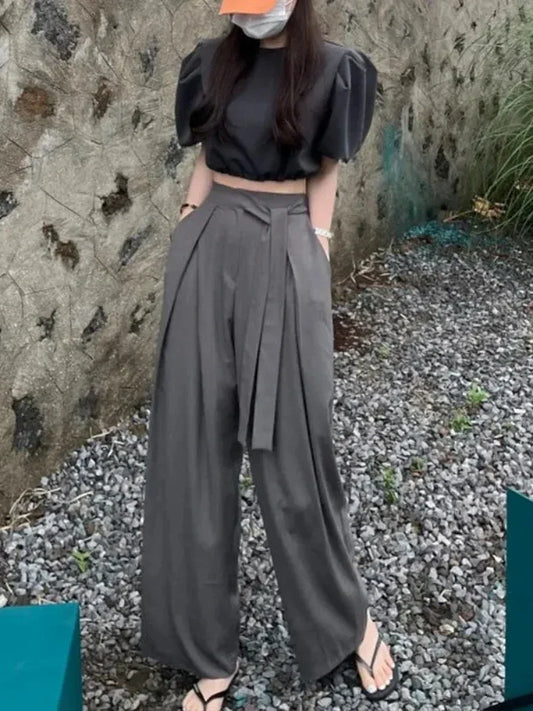 Spring Summer New Vintage Trousers Loose Solid Color Wide Leg Joggers Trousers Simple High Waist Women Solid Color Pants