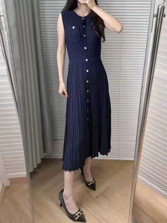 Spring Summer New Fashion Dark Blue Knit Midi Dress Women Temperament Elegant O Neck Sleeveless Single-Breasted Slim Robe Ladies