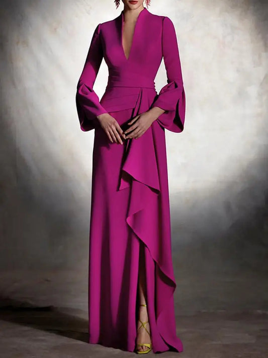 Freeacy Women Dress Floor Length Elegant Evening Party Dresses for Ladies Deep V-neck High Waist Pleated Dress Vintage Dress