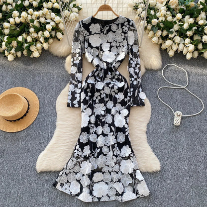 Elegant Three-dimensional Floral Embroidered Chic Long Sleeves Slim Mermaid Dresses Evening French High Street Women Clothing
