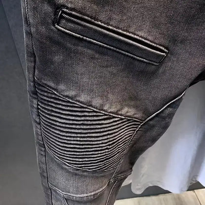 2025 New Autumn Winter Black Grey Men's High-End Motorcycle Long Pants Slim Patchwork Fold Designer Pencil Pants Casual Jeans