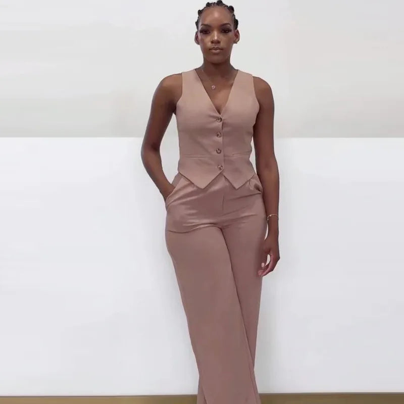 Pant Set Women Two Piece Sets Sleeveless V Neck Y2k Streetwear Vest Tops Wide Leg Long Pants Party Club Slim Fit Elegant Work