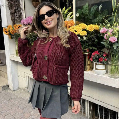 TRAF Autumn Winter Knitted Cardigans For Women Casual Button Long Sleeve Female Sweater 2024 Fashion Loose Lady Cardigans Coat