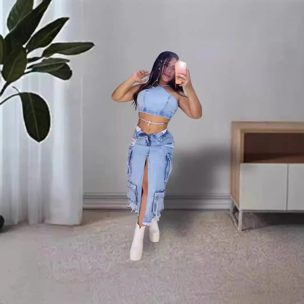 Mid Length Skirts Women Denim Skirt Hole Pockets A Line Slit Slim Y2k Streetwear Elegant Splice Y2k High Waist Summer 2025