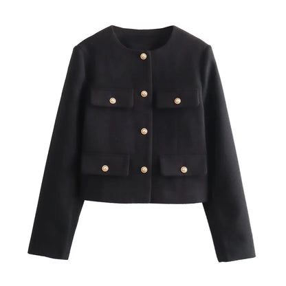 UNIZERA Winter New Product Women's Fashion and Casual Versatile Round Neck Flip Decoration Short Suit Coat