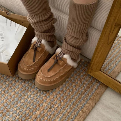 Genuine natural fur bare boots 2025 new winter flat wool shoes thick bottom lace decorative casual half drag Baotou drag