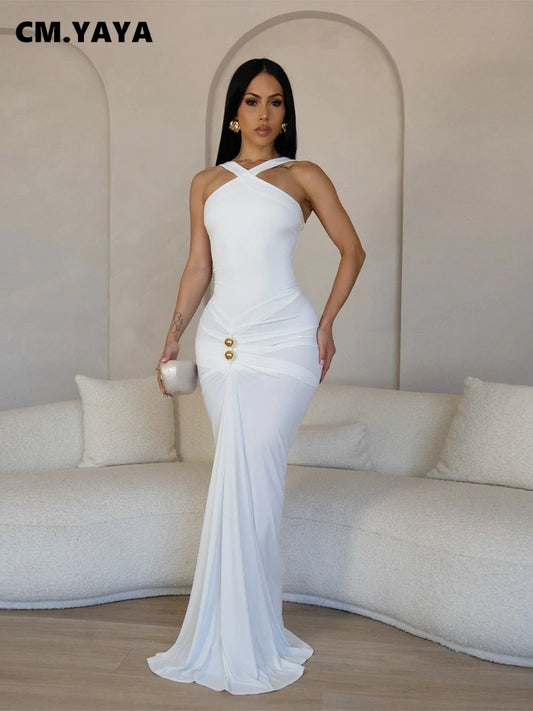 CM.YAYA Women Sleeveless Cross V-neck Ruched Stacked Midi Maxi Long Bodycon Dress 2025 Holiday Birthday Party Evening Dresses