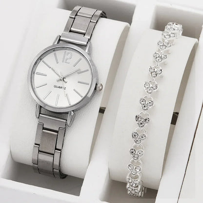 Fashion Women Elagant Watch Casual Simple Steel Strap Quartz Watch Love Bracelet 2pcs Set Luxury Temperament Wristwatch Reloj