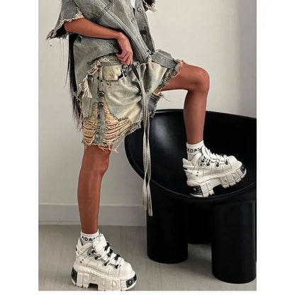Women's Vintage Ripped Harajuku Loose Fit Jeans Y2K Damage Emo Trashy Calf-Length Pants Kpop Baggy Washed Denim Trouser