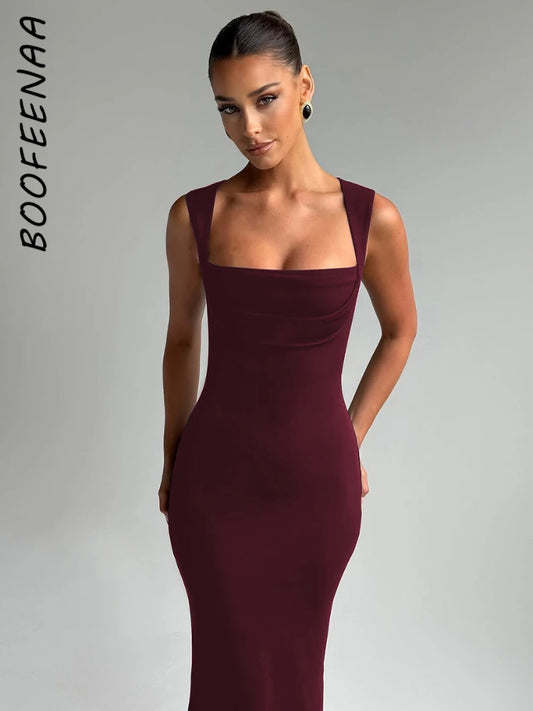 BOOFEENAA Square Neck Sleeveless Fishtail Maxi Dress Party Night Elegant Black Dresses Woman Luxury High Quality C70-CZ32