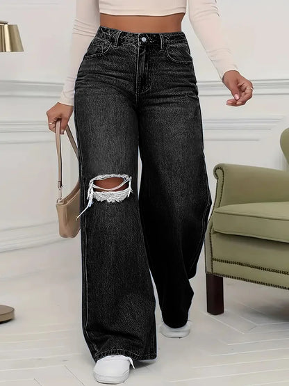 Washed Personality Hole Loose High Waist Denim Wide-leg Pants,Women's Four Seasons New Classic Fashion Casual Floor-length Jeans
