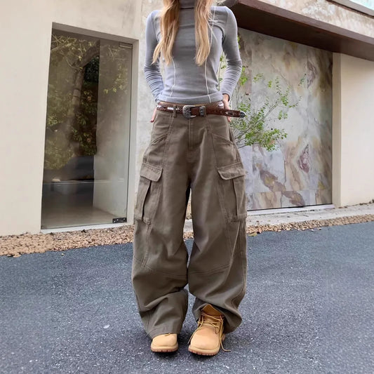 New American high street brown jeans for women washing straight spring and autumn loose casual gothic trousers wide-leg pants