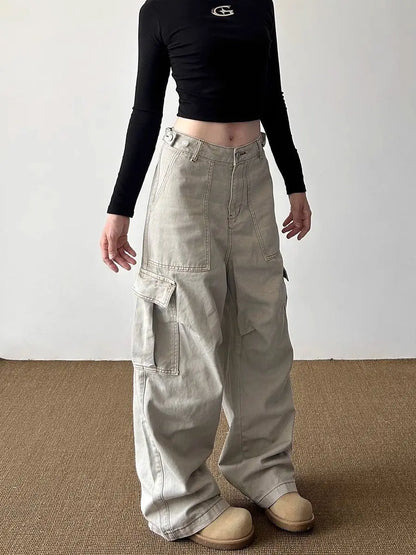 American Retro Multi-pocket Cargo Jeans With Big Pocket Do Old and Washed Jeans Denim Trousers Women Baggy Pants Y2k Clothing
