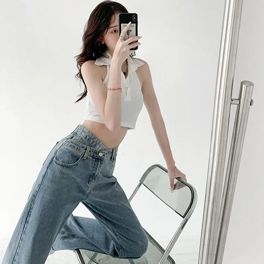Design Sensibility High-Waisted Slimming Jeans Loose-Fit Straight-Leg Women's Korean Style Tie-Detail Wide-Leg Casual Trousers