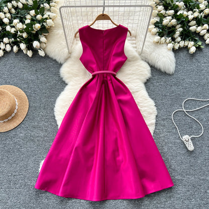 Chic O-Neck Vintage sleeveless Elegant evening dress High Waist Korean Fashion Vestidos  women clothing