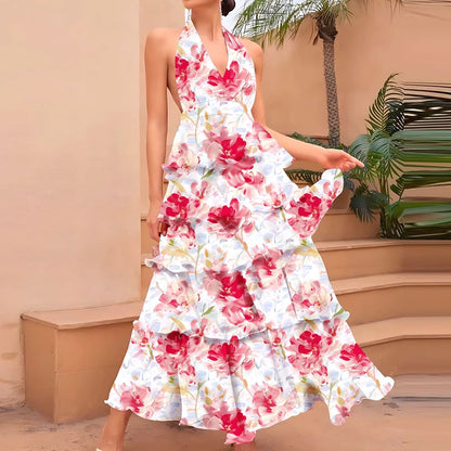 Summer New Floral Printed Halter Dress Sexy Deep V Sleeveless Backless Evening Dresses Temperament High Waisted Lace Up Dresses